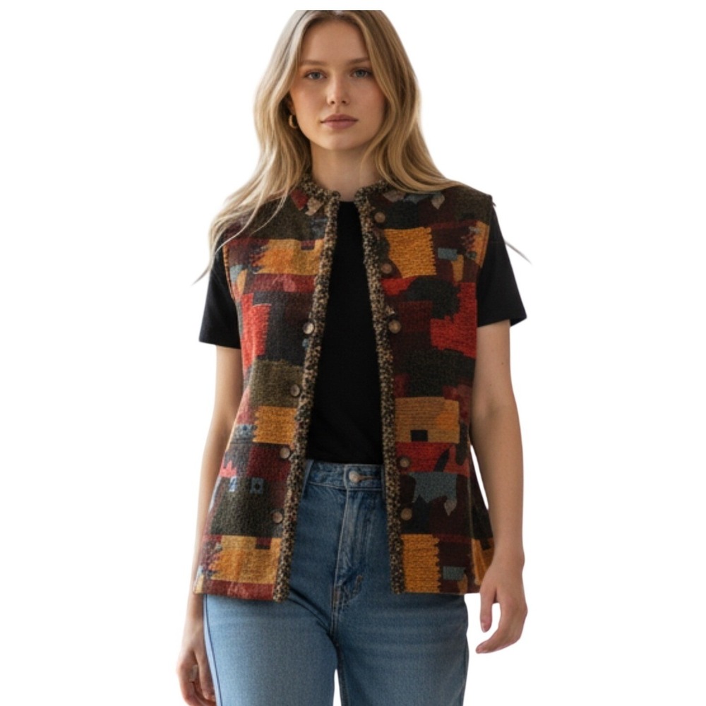 Coldwater Creek Womens Vest Patchwork Tapestry Button Front Lined Medium